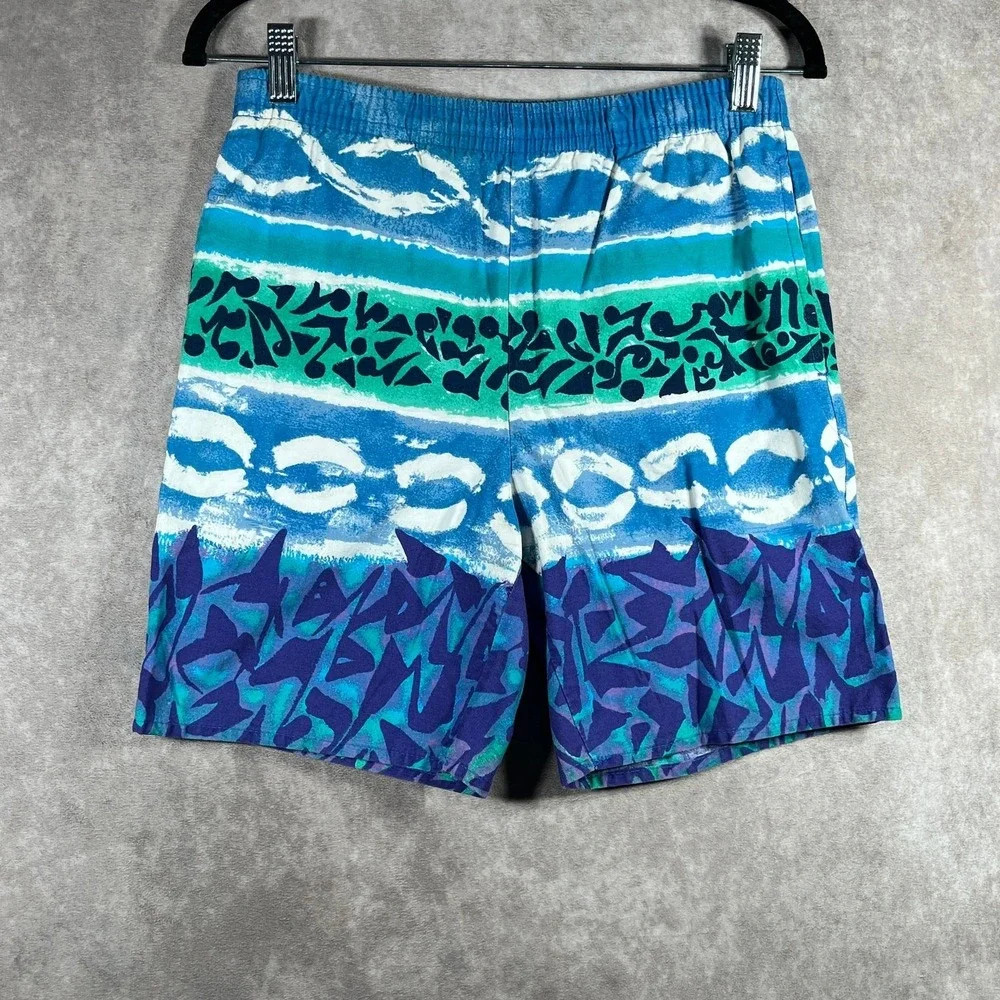 Vintage 90s Speed Board Swim Shorts Men S Blue Abstract Print Drawstring Pockets